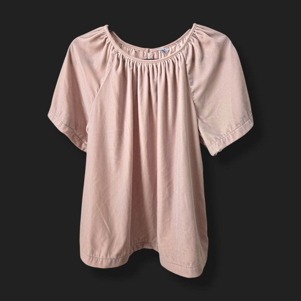 Old Navy Flowy Velvet Beige Top in Medium Shirred & Back-Button Detail